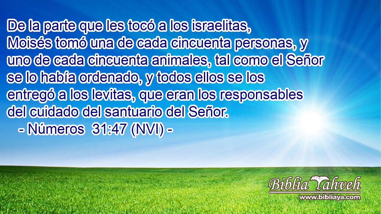  De la parte que les tocó a los israelitas, Moisés tomó una de cada cincuenta personas, y uno de cada cincuenta animales, tal como el Señor se lo había ordenado, y todos ellos se los entregó a los levitas, que eran los responsables del cuidado del santuario del Señor. 