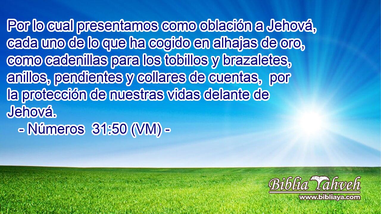  Por lo cual presentamos como oblación a Jehová, cada uno de lo que ha cogido en alhajas de oro, como cadenillas para los tobillos y brazaletes, anillos, pendientes y collares de cuentas,  por la protección de nuestras vidas delante de Jehová. 