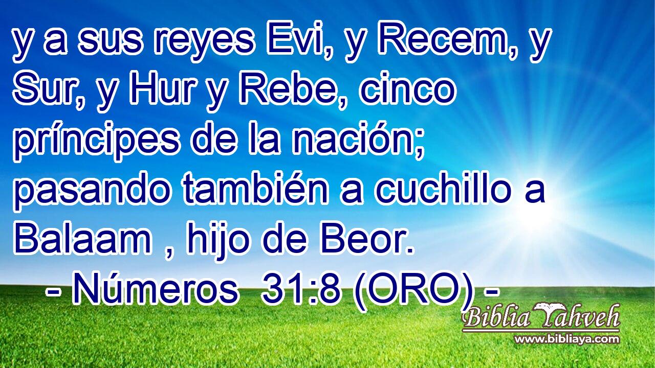  y a sus reyes Evi, y Recem, y Sur, y Hur y Rebe, cinco príncipes de la nación; pasando también a cuchillo a Balaam , hijo de Beor. 