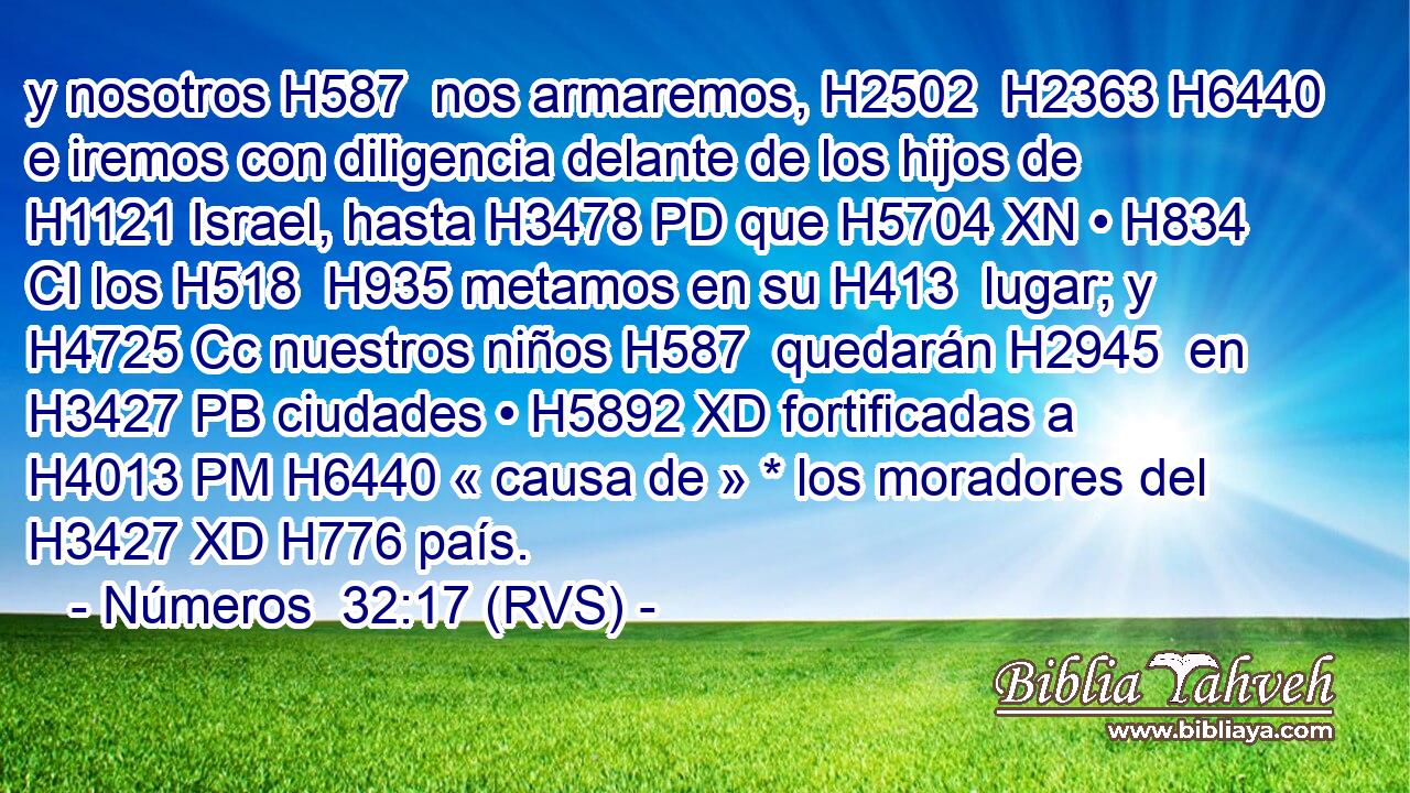 y nosotros H587  nos armaremos, H2502  H2363 H6440 e iremos con diligencia delante de los hijos de H1121 Israel, hasta H3478 PD que H5704 XN • H834 CI los H518  H935 metamos en su H413  lugar; y H4725 Cc nuestros niños H587  quedarán H2945  en H3427 PB ciudades • H5892 XD fortificadas a H4013 PM H6440 « causa de » * los moradores del H3427 XD H776 país. 