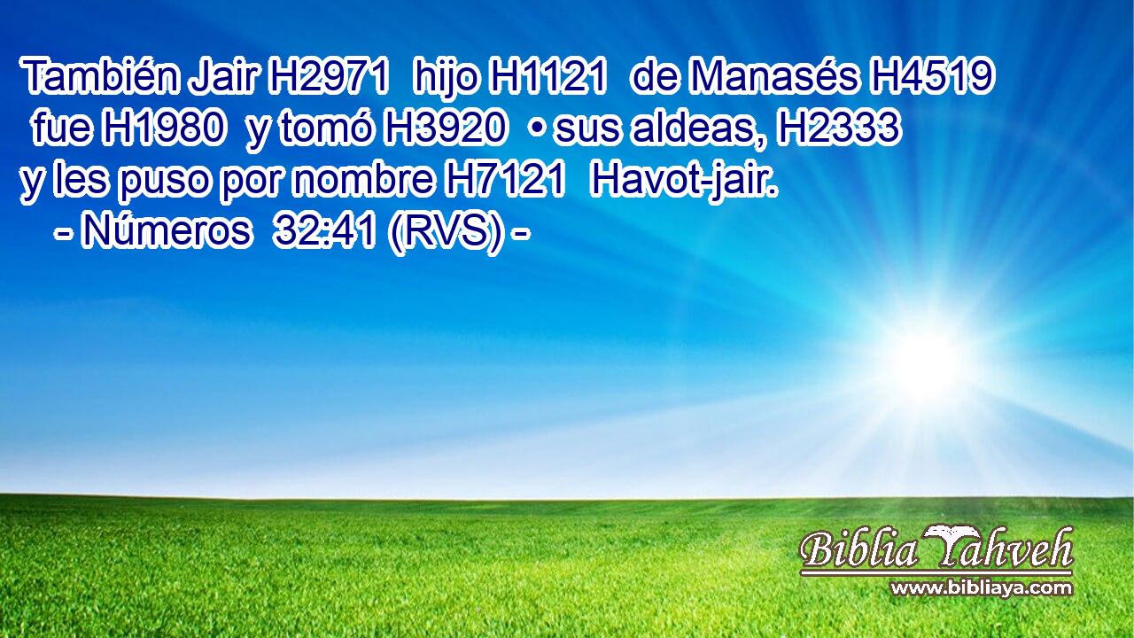 También Jair H2971  hijo H1121  de Manasés H4519  fue H1980  y tomó H3920  • sus aldeas, H2333  y les puso por nombre H7121  Havot-jair. 