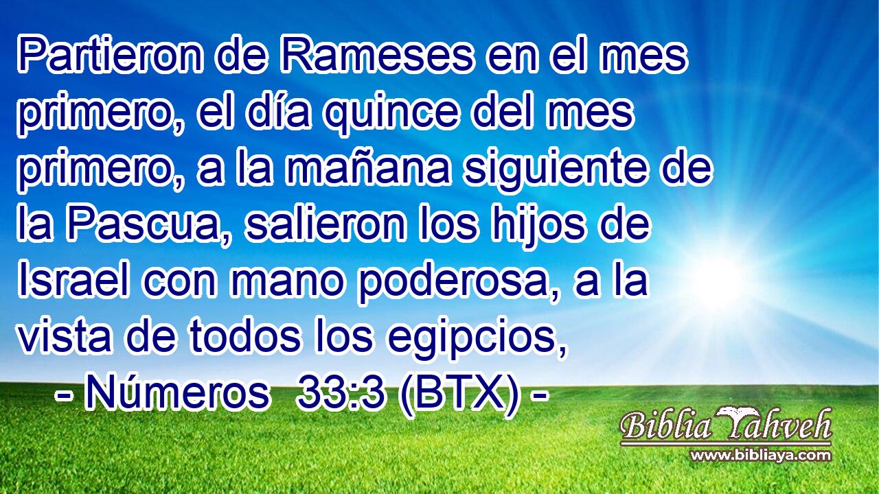 Partieron de Rameses en el mes primero, el día quince del mes primero, a la mañana siguiente de la Pascua, salieron los hijos de Israel con mano poderosa, a la vista de todos los egipcios,