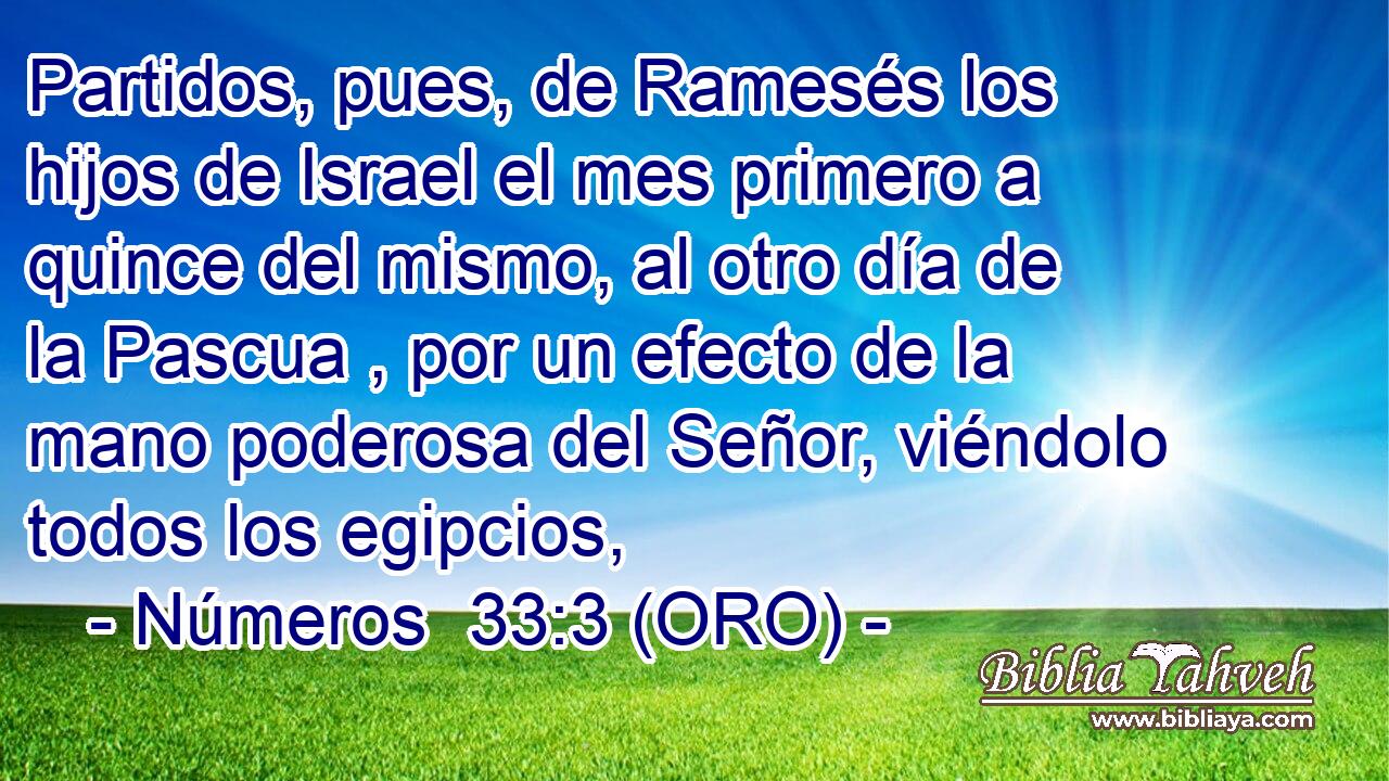 Partidos, pues, de Ramesés los hijos de Israel el mes primero a quince del mismo, al otro día de la Pascua , por un efecto de la mano poderosa del Señor, viéndolo todos los egipcios, 