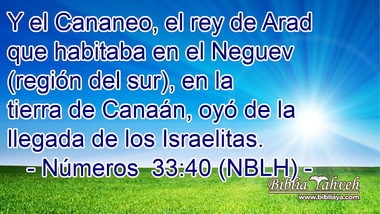  Y el Cananeo, el rey de Arad que habitaba en el Neguev (región del sur), en la tierra de Canaán, oyó de la llegada de los Israelitas. 