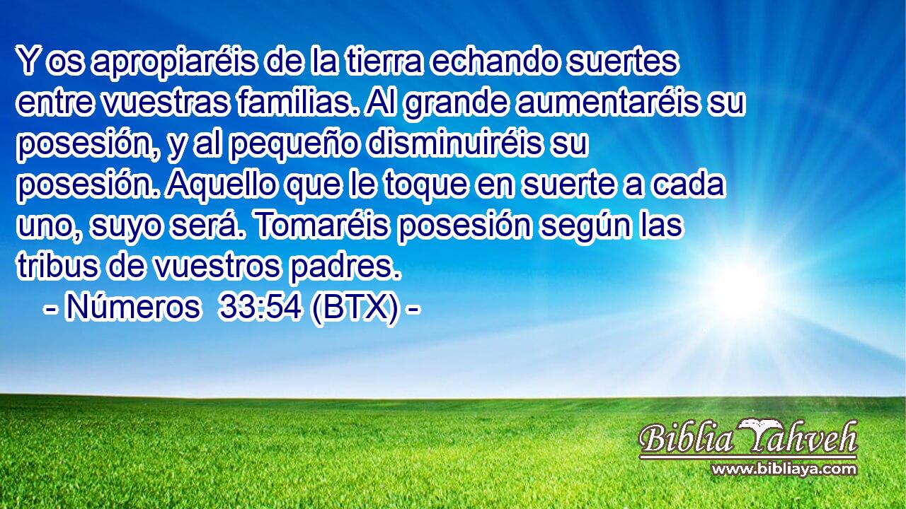 Y os apropiaréis de la tierra echando suertes entre vuestras familias. Al grande aumentaréis su posesión, y al pequeño disminuiréis su posesión. Aquello que le toque en suerte a cada uno, suyo será. Tomaréis posesión según las tribus de vuestros padres.