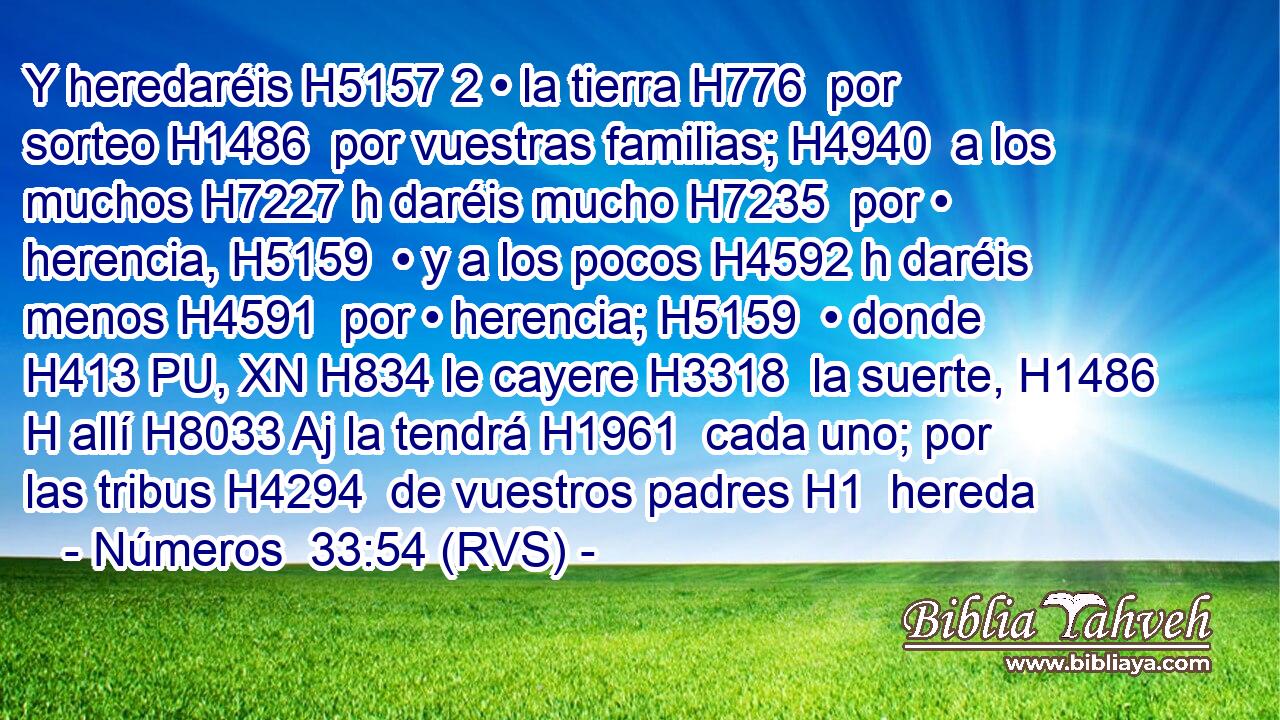 Y heredaréis H5157 2 • la tierra H776  por sorteo H1486  por vuestras familias; H4940  a los muchos H7227 h daréis mucho H7235  por • herencia, H5159  • y a los pocos H4592 h daréis menos H4591  por • herencia; H5159  • donde H413 PU, XN H834 le cayere H3318  la suerte, H1486 H allí H8033 Aj la tendrá H1961  cada uno; por las tribus H4294  de vuestros padres H1  hereda