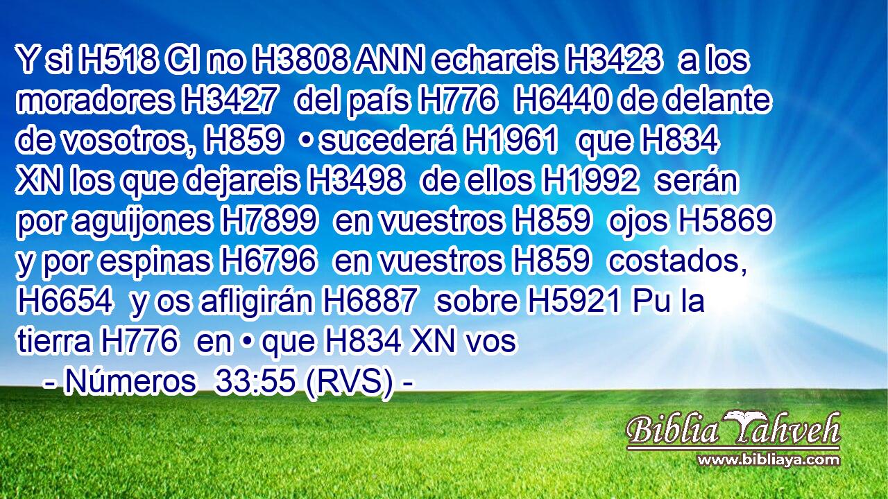 Y si H518 CI no H3808 ANN echareis H3423  a los moradores H3427  del país H776  H6440 de delante de vosotros, H859  • sucederá H1961  que H834 XN los que dejareis H3498  de ellos H1992  serán por aguijones H7899  en vuestros H859  ojos H5869  y por espinas H6796  en vuestros H859  costados, H6654  y os afligirán H6887  sobre H5921 Pu la tierra H776  en • que H834 XN vos