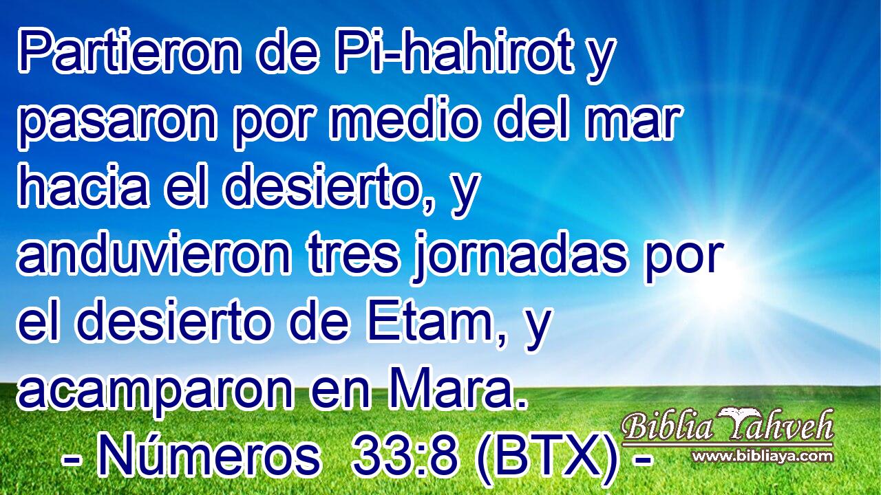 Partieron de Pi-hahirot y pasaron por medio del mar hacia el desierto, y anduvieron tres jornadas por el desierto de Etam, y acamparon en Mara.