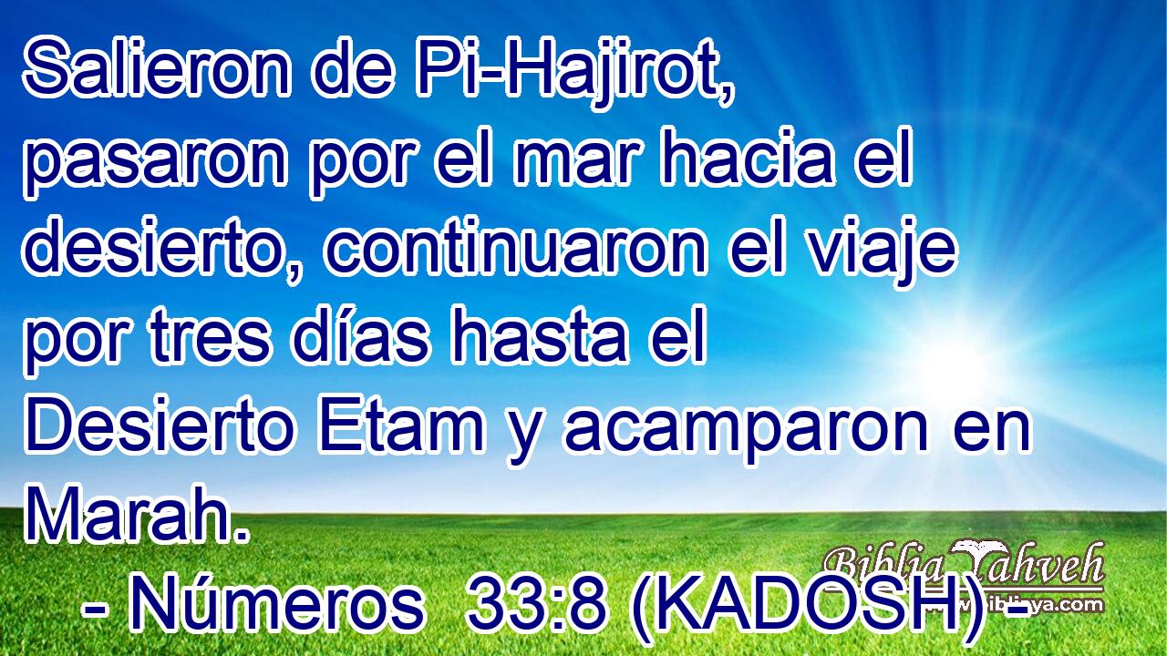  Salieron de Pi-Hajirot, pasaron por el mar hacia el desierto, continuaron el viaje por tres días hasta el Desierto Etam y acamparon en Marah. 