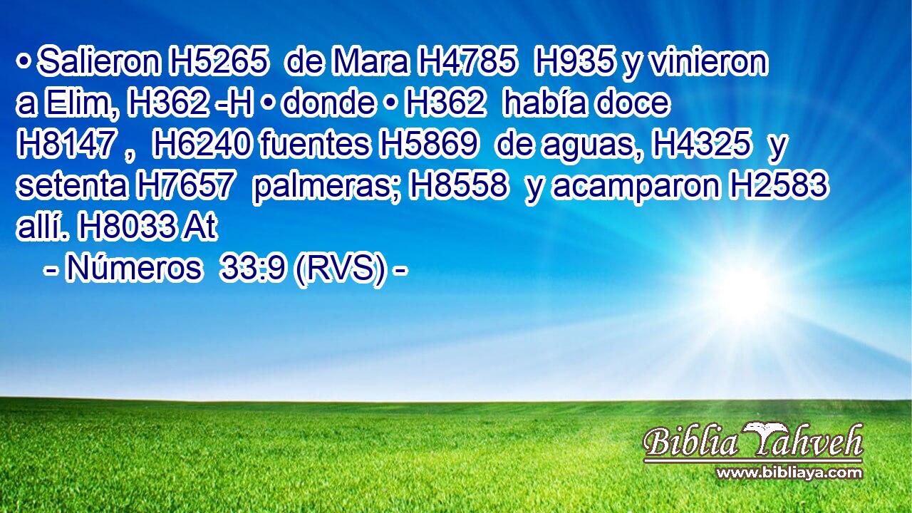 • Salieron H5265  de Mara H4785  H935 y vinieron a Elim, H362 -H • donde • H362  había doce H8147 ,  H6240 fuentes H5869  de aguas, H4325  y setenta H7657  palmeras; H8558  y acamparon H2583  allí. H8033 At 