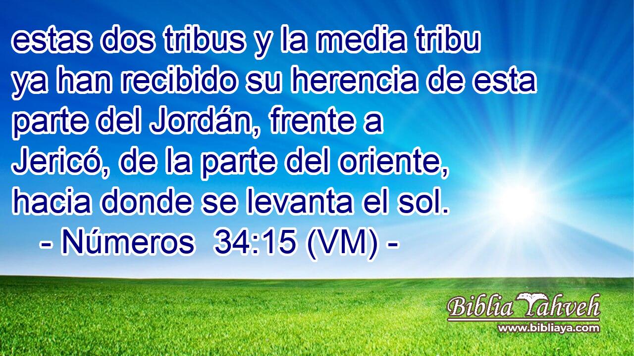  estas dos tribus y la media tribu ya han recibido su herencia de esta parte del Jordán, frente a Jericó, de la parte del oriente, hacia donde se levanta el sol. 