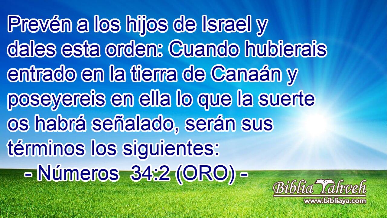  Prevén a los hijos de Israel y dales esta orden: Cuando hubierais entrado en la tierra de Canaán y poseyereis en ella lo que la suerte os habrá señalado, serán sus términos los siguientes: 