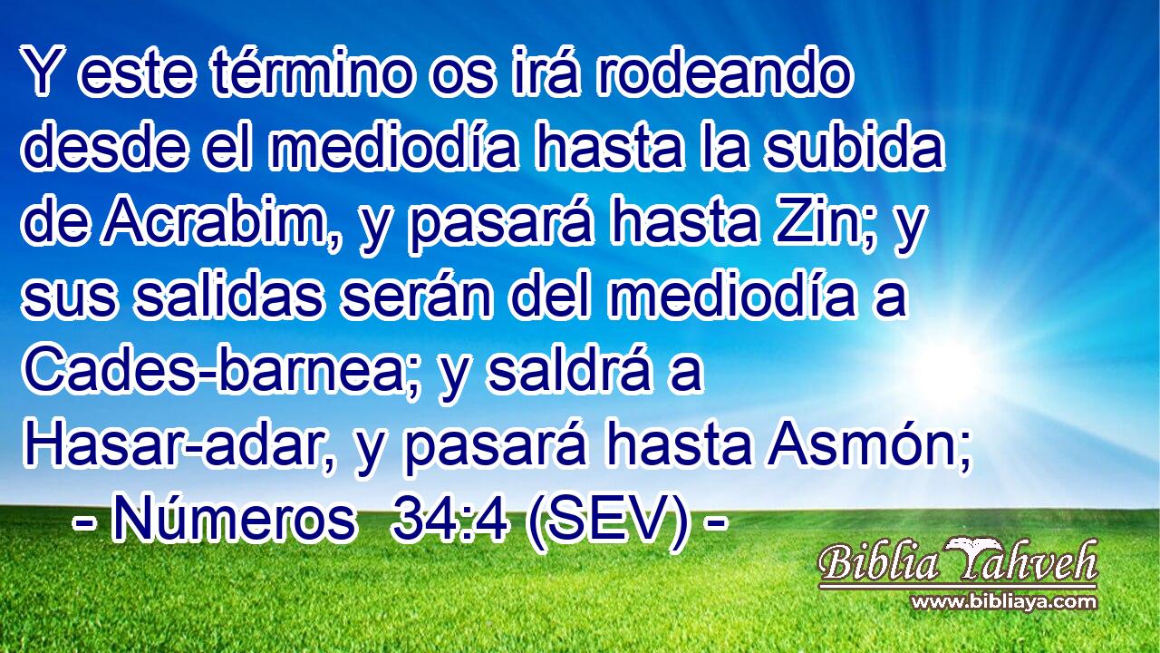 Y este término os irá rodeando desde el mediodía hasta la subida de Acrabim, y pasará hasta Zin; y sus salidas serán del mediodía a Cades-barnea; y saldrá a Hasar-adar, y pasará hasta Asmón;
