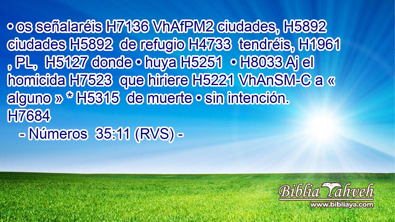 • os señalaréis H7136 VhAfPM2 ciudades, H5892  ciudades H5892  de refugio H4733  tendréis, H1961 , PL,  H5127 donde • huya H5251  • H8033 Aj el homicida H7523  que hiriere H5221 VhAnSM-C a « alguno » * H5315  de muerte • sin intención. H7684  