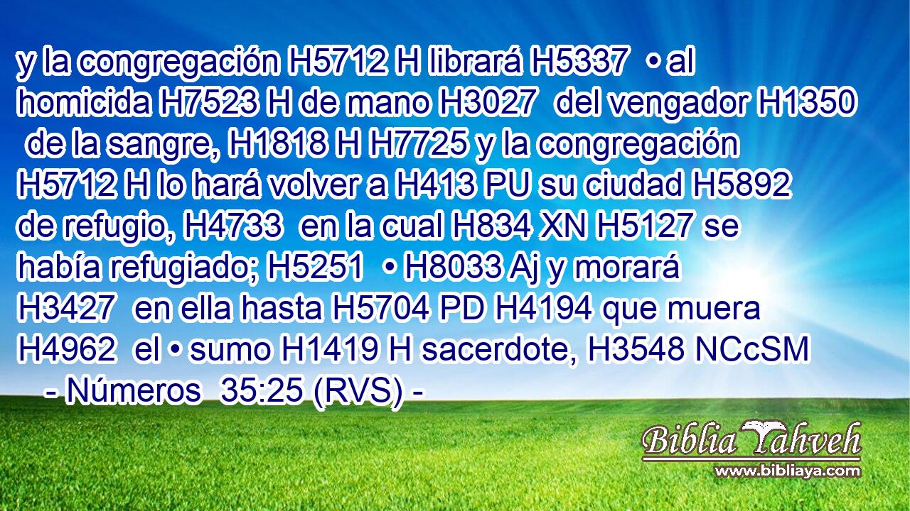 y la congregación H5712 H librará H5337  • al homicida H7523 H de mano H3027  del vengador H1350  de la sangre, H1818 H H7725 y la congregación H5712 H lo hará volver a H413 PU su ciudad H5892  de refugio, H4733  en la cual H834 XN H5127 se había refugiado; H5251  • H8033 Aj y morará H3427  en ella hasta H5704 PD H4194 que muera H4962  el • sumo H1419 H sacerdote, H3548 NCcSM