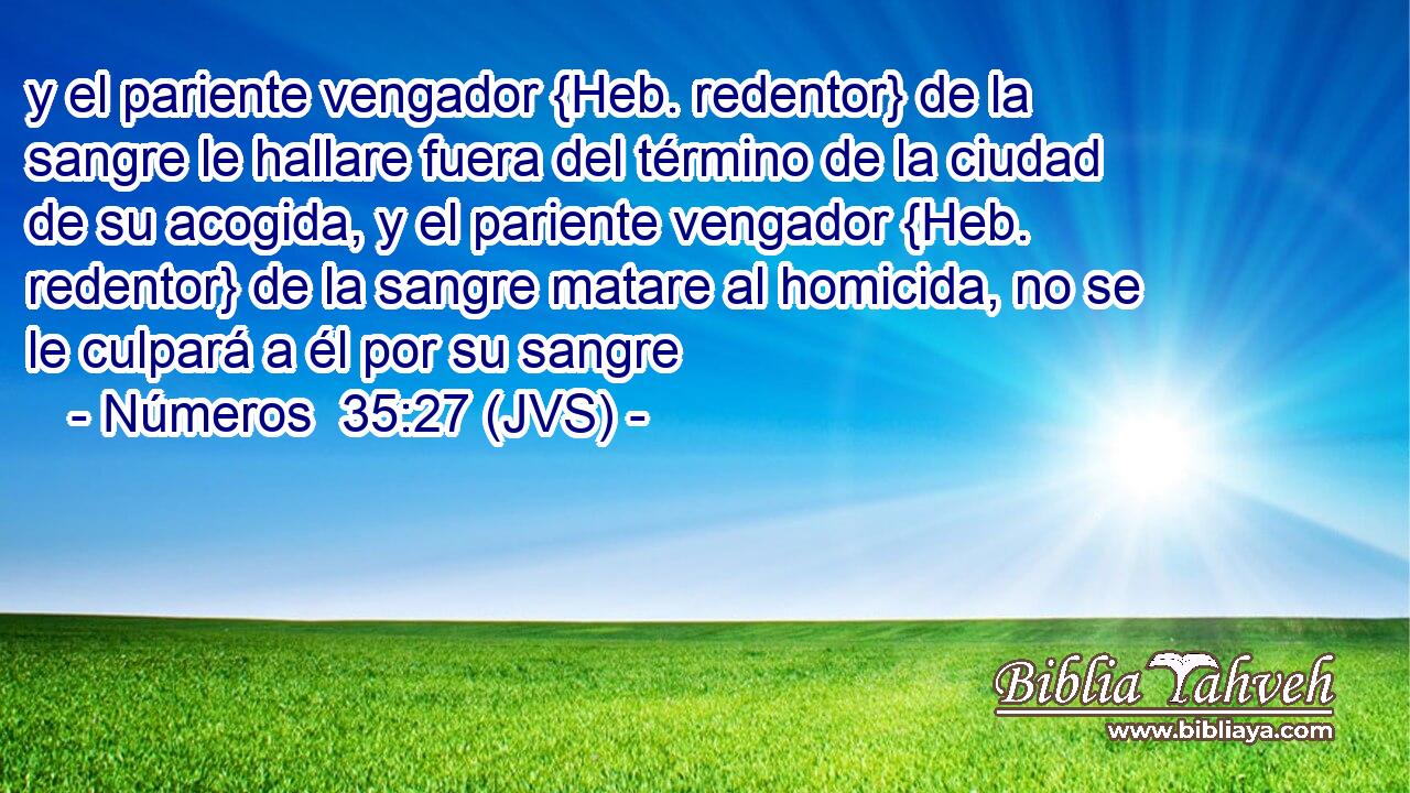 y el pariente vengador {Heb. redentor} de la sangre le hallare fuera del término de la ciudad de su acogida, y el pariente vengador {Heb. redentor} de la sangre matare al homicida, no se le culpará a él por su sangre