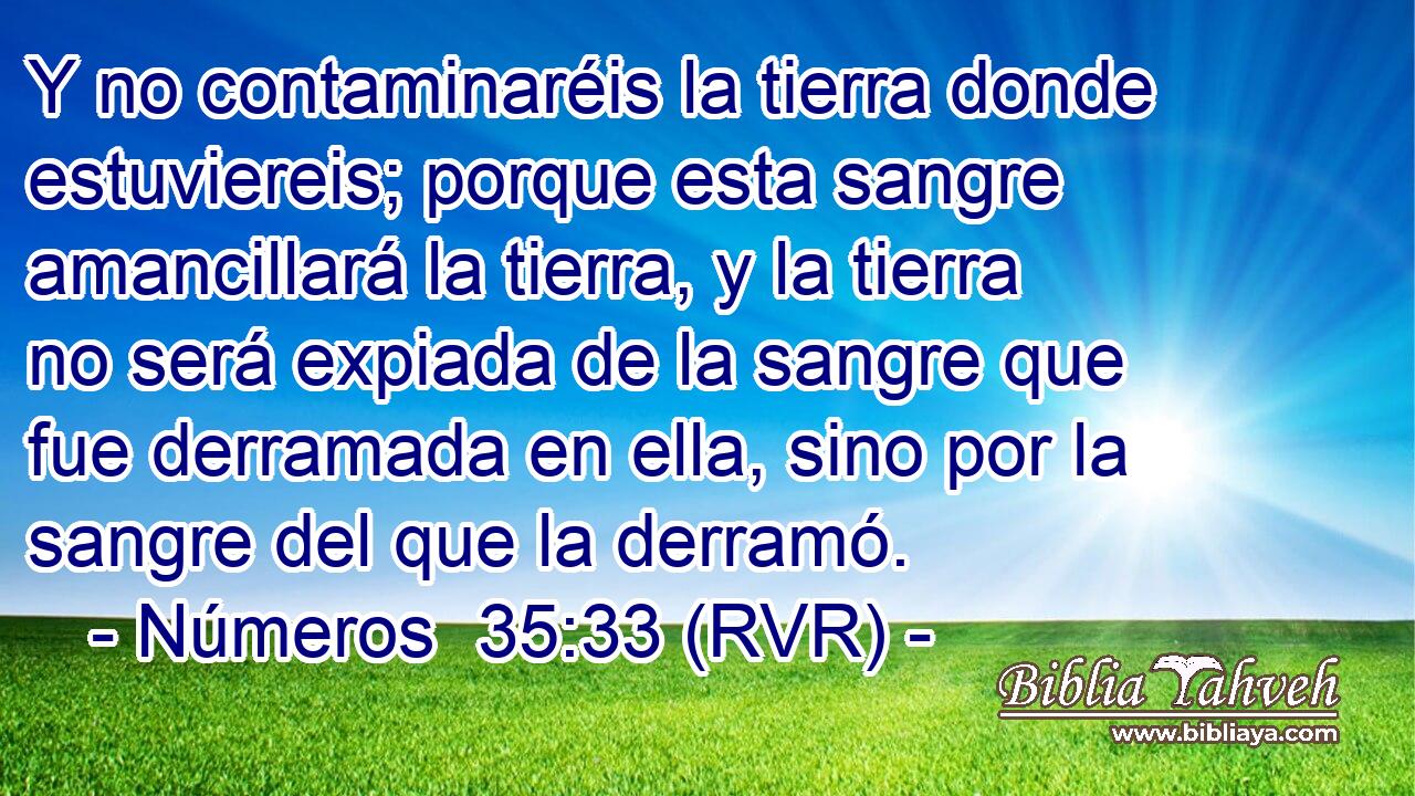 Y no contaminaréis la tierra donde estuviereis; porque esta sangre amancillará la tierra, y la tierra no será expiada de la sangre que fue derramada en ella, sino por la sangre del que la derramó.