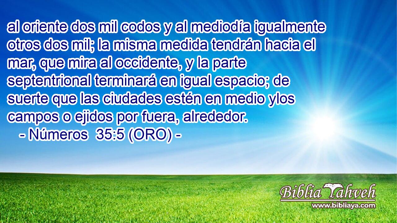  al oriente dos mil codos y al mediodía igualmente otros dos mil; la misma medida tendrán hacia el mar, que mira al occidente, y la parte septentrional terminará en igual espacio; de suerte que las ciudades estén en medio ylos campos o ejidos por fuera, alrededor. 