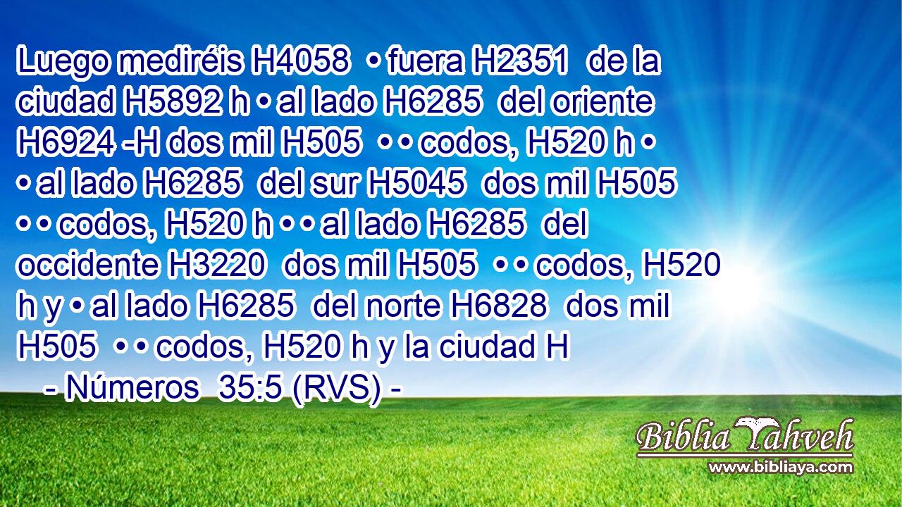 Luego mediréis H4058  • fuera H2351  de la ciudad H5892 h • al lado H6285  del oriente H6924 -H dos mil H505  • • codos, H520 h • • al lado H6285  del sur H5045  dos mil H505  • • codos, H520 h • • al lado H6285  del occidente H3220  dos mil H505  • • codos, H520 h y • al lado H6285  del norte H6828  dos mil H505  • • codos, H520 h y la ciudad H