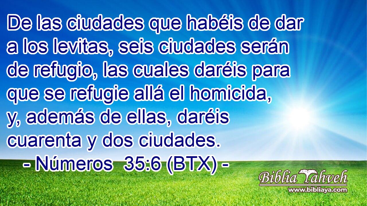De las ciudades que habéis de dar a los levitas, seis ciudades serán de refugio, las cuales daréis para que se refugie allá el homicida, y, además de ellas, daréis cuarenta y dos ciudades.