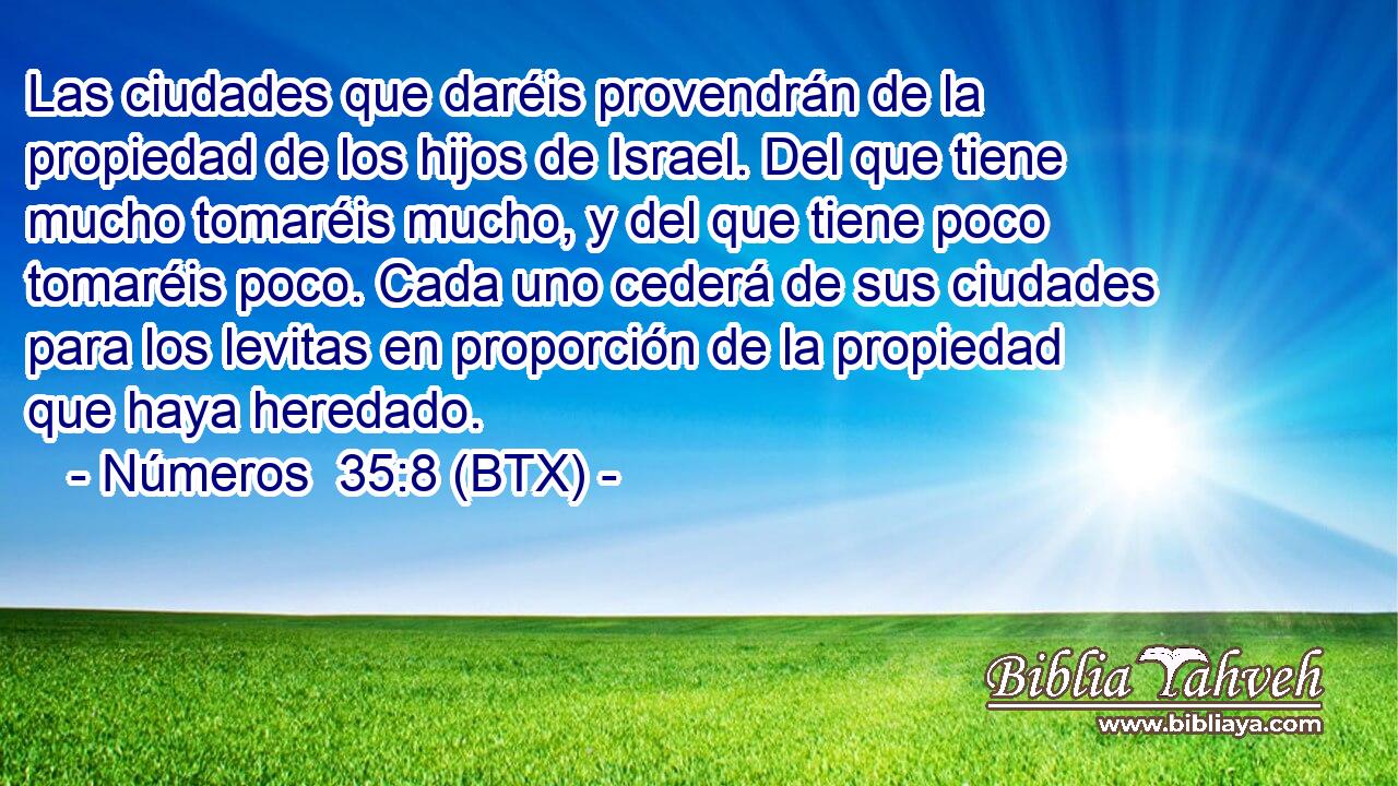 Las ciudades que daréis provendrán de la propiedad de los hijos de Israel. Del que tiene mucho tomaréis mucho, y del que tiene poco tomaréis poco. Cada uno cederá de sus ciudades para los levitas en proporción de la propiedad que haya heredado.