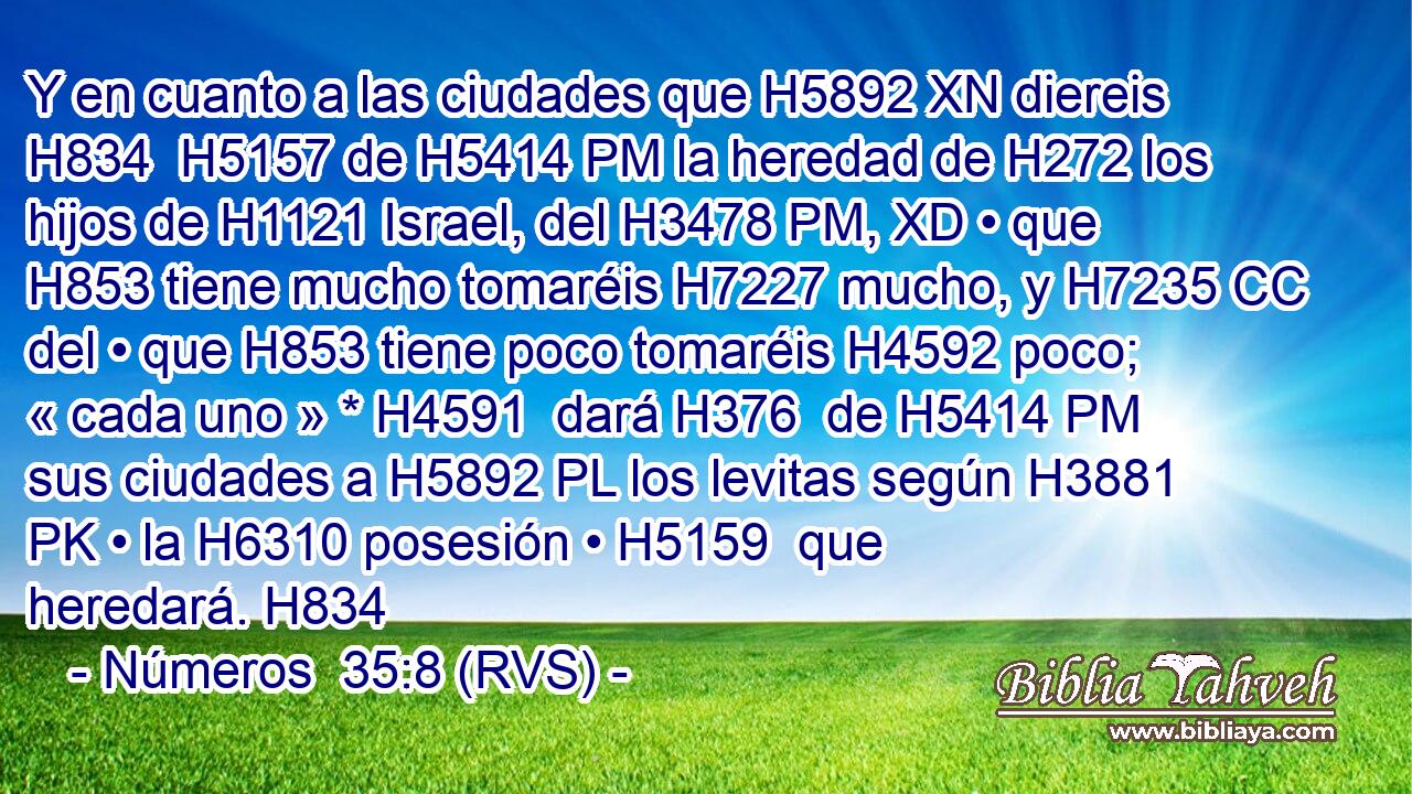 Y en cuanto a las ciudades que H5892 XN diereis H834  H5157 de H5414 PM la heredad de H272 los hijos de H1121 Israel, del H3478 PM, XD • que H853 tiene mucho tomaréis H7227 mucho, y H7235 CC del • que H853 tiene poco tomaréis H4592 poco; « cada uno » * H4591  dará H376  de H5414 PM sus ciudades a H5892 PL los levitas según H3881 PK • la H6310 posesión • H5159  que heredará. H834  