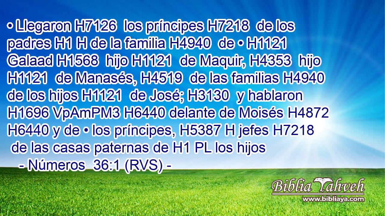 • Llegaron H7126  los príncipes H7218  de los padres H1 H de la familia H4940  de • H1121  Galaad H1568  hijo H1121  de Maquir, H4353  hijo H1121  de Manasés, H4519  de las familias H4940  de los hijos H1121  de José; H3130  y hablaron H1696 VpAmPM3 H6440 delante de Moisés H4872  H6440 y de • los príncipes, H5387 H jefes H7218  de las casas paternas de H1 PL los hijos 