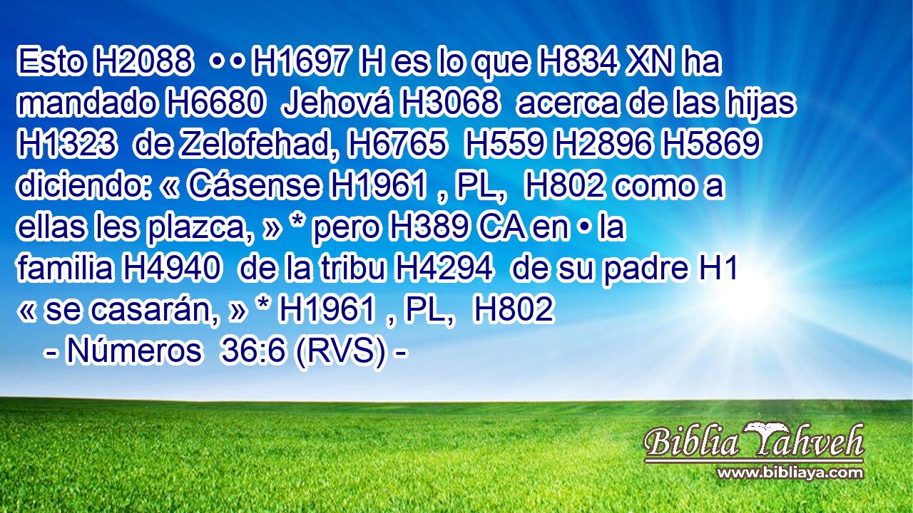 Esto H2088  • • H1697 H es lo que H834 XN ha mandado H6680  Jehová H3068  acerca de las hijas H1323  de Zelofehad, H6765  H559 H2896 H5869 diciendo: « Cásense H1961 , PL,  H802 como a ellas les plazca, » * pero H389 CA en • la familia H4940  de la tribu H4294  de su padre H1  « se casarán, » * H1961 , PL,  H802 