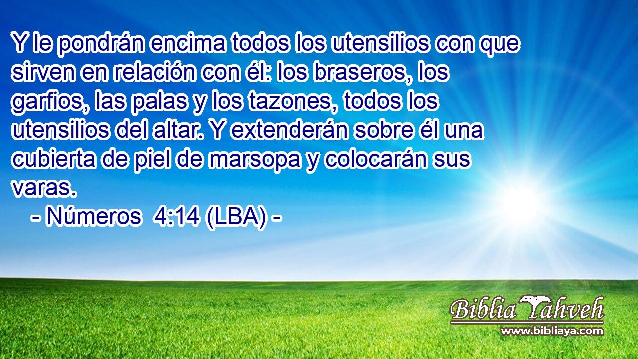 Y le pondrán encima todos los utensilios con que sirven en relación con él: los braseros, los garfios, las palas y los tazones, todos los utensilios del altar. Y extenderán sobre él una cubierta de piel de marsopa y colocarán sus varas.
