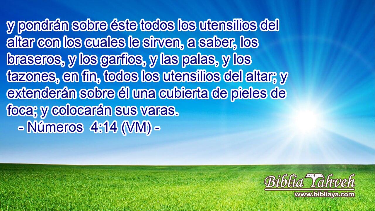  y pondrán sobre éste todos los utensilios del altar con los cuales le sirven, a saber, los braseros, y los garfios, y las palas, y los tazones, en fin, todos los utensilios del altar; y extenderán sobre él una cubierta de pieles de foca; y colocarán sus varas. 