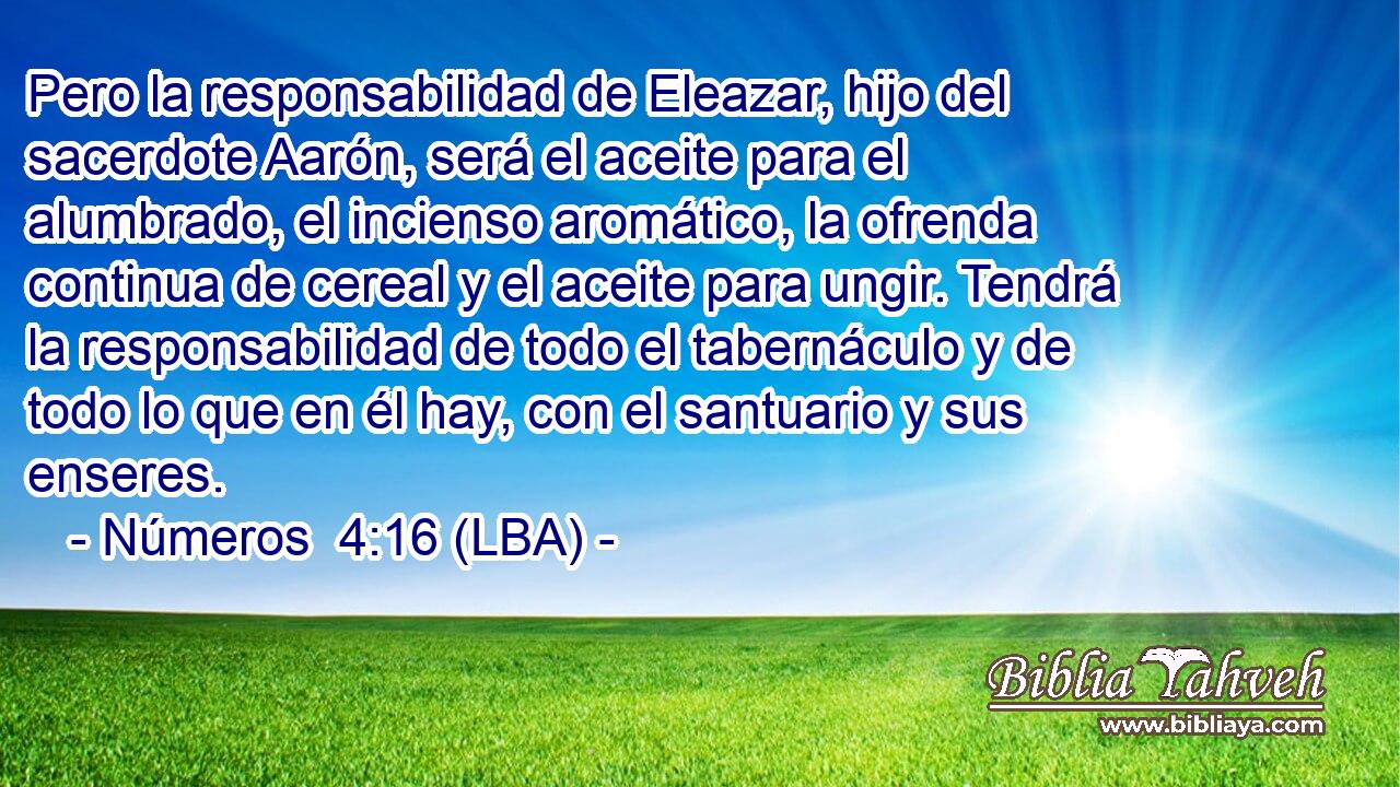 Pero la responsabilidad de Eleazar, hijo del sacerdote Aarón, será el aceite para el alumbrado, el incienso aromático, la ofrenda continua de cereal y el aceite para ungir. Tendrá la responsabilidad de todo el tabernáculo y de todo lo que en él hay, con el santuario y sus enseres.