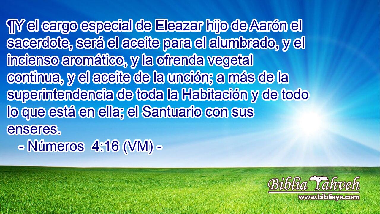  ¶Y el cargo especial de Eleazar hijo de Aarón el sacerdote, será el aceite para el alumbrado, y el incienso aromático, y la ofrenda vegetal continua, y el aceite de la unción; a más de la superintendencia de toda la Habitación y de todo lo que está en ella; el Santuario con sus enseres. 