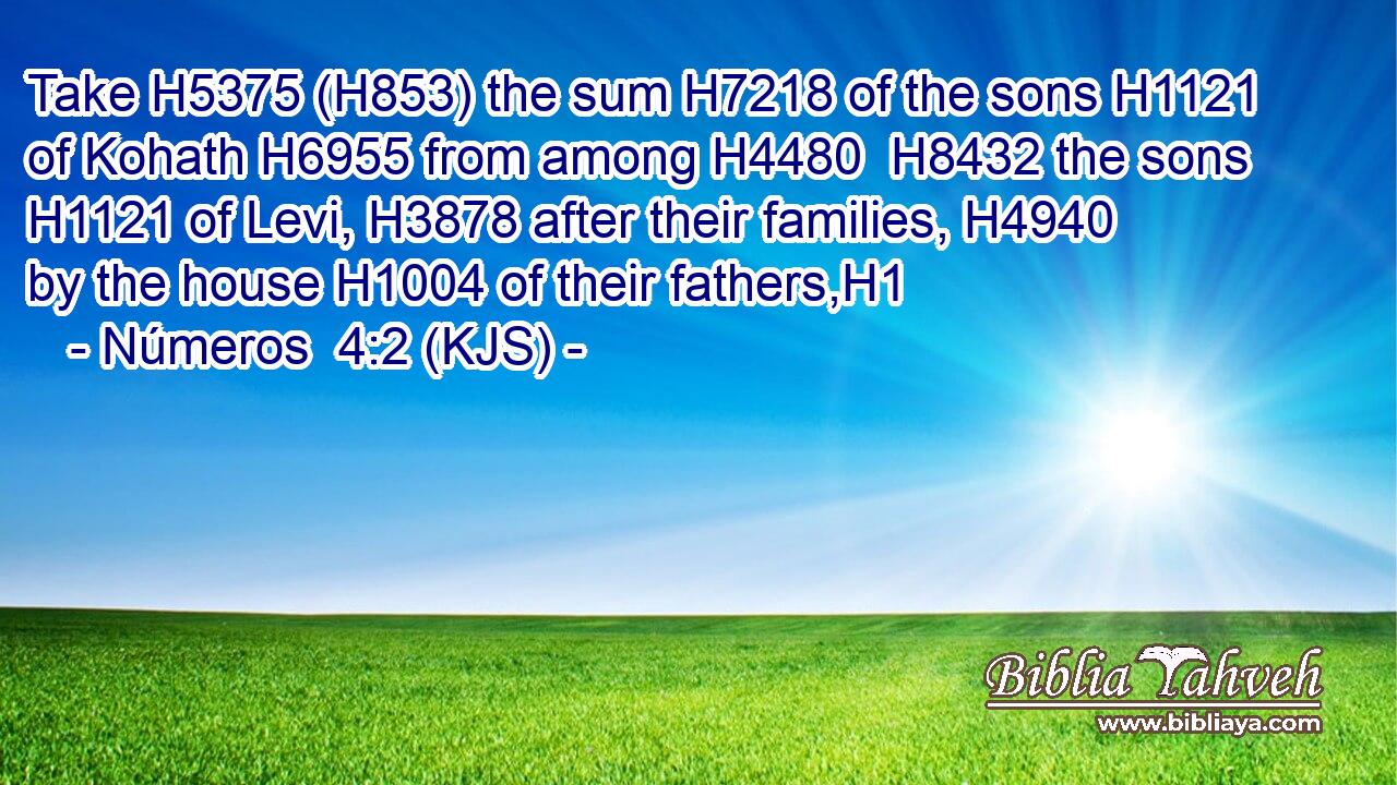Take H5375 (H853) the sum H7218 of the sons H1121 of Kohath H6955 from among H4480  H8432 the sons H1121 of Levi, H3878 after their families, H4940 by the house H1004 of their fathers,H1