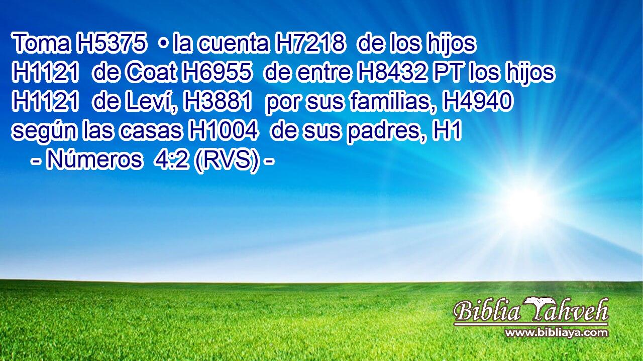 Toma H5375  • la cuenta H7218  de los hijos H1121  de Coat H6955  de entre H8432 PT los hijos H1121  de Leví, H3881  por sus familias, H4940  según las casas H1004  de sus padres, H1  