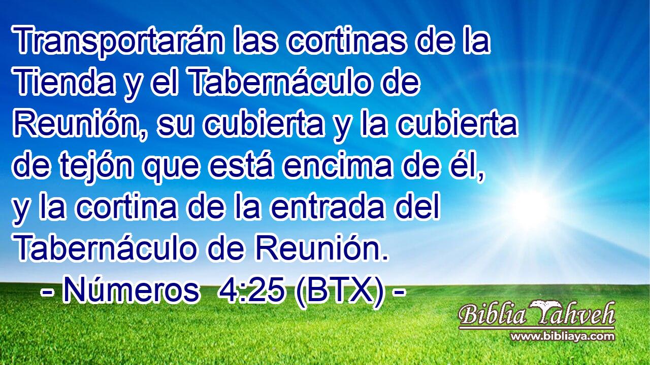 Transportarán las cortinas de la Tienda y el Tabernáculo de Reunión, su cubierta y la cubierta de tejón que está encima de él, y la cortina de la entrada del Tabernáculo de Reunión.