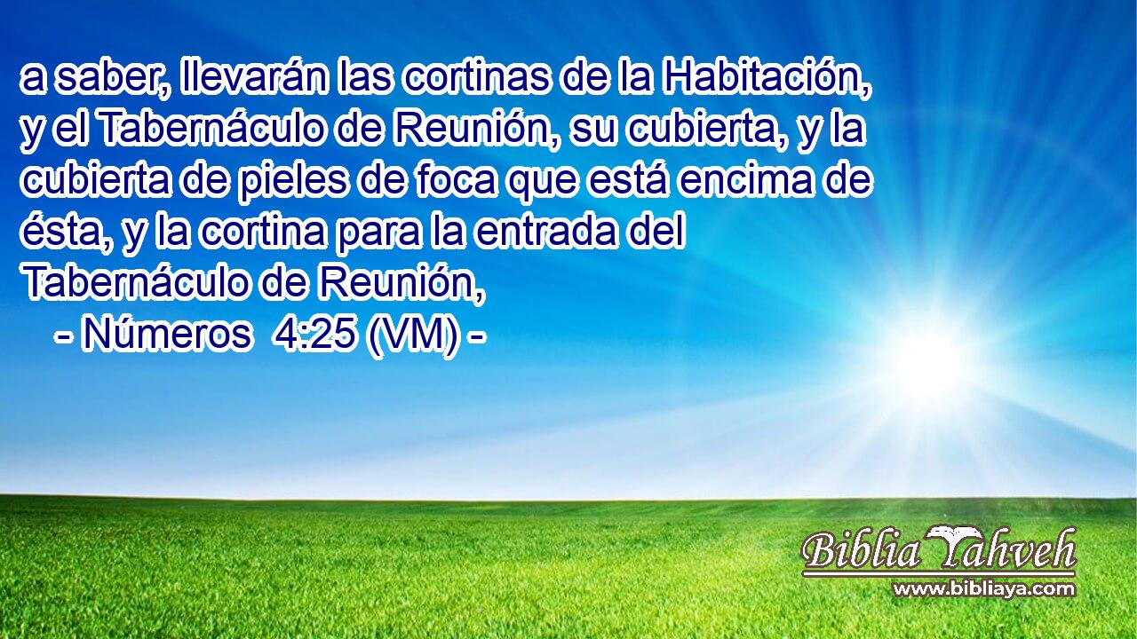  a saber, llevarán las cortinas de la Habitación, y el Tabernáculo de Reunión, su cubierta, y la cubierta de pieles de foca que está encima de ésta, y la cortina para la entrada del Tabernáculo de Reunión, 