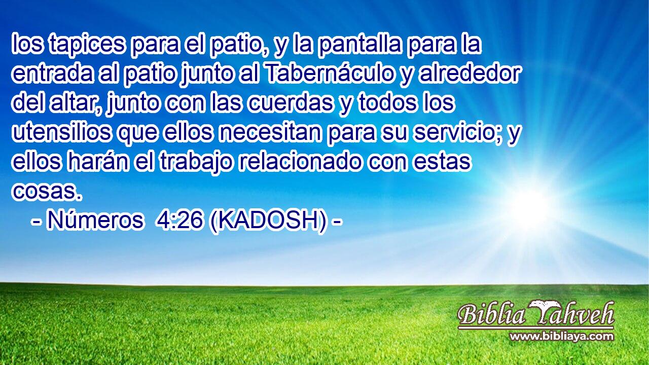  los tapices para el patio, y la pantalla para la entrada al patio junto al Tabernáculo y alrededor del altar, junto con las cuerdas y todos los utensilios que ellos necesitan para su servicio; y ellos harán el trabajo relacionado con estas cosas. 