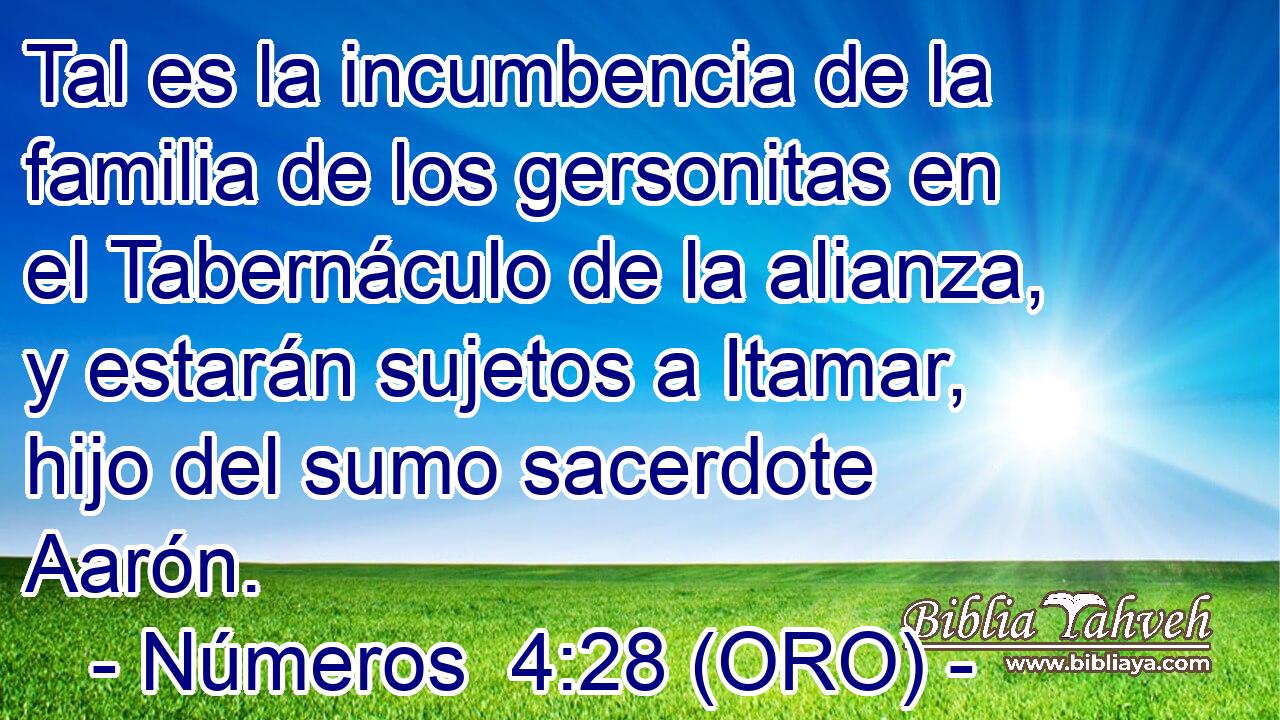  Tal es la incumbencia de la familia de los gersonitas en el Tabernáculo de la alianza, y estarán sujetos a Itamar, hijo del sumo sacerdote Aarón. 