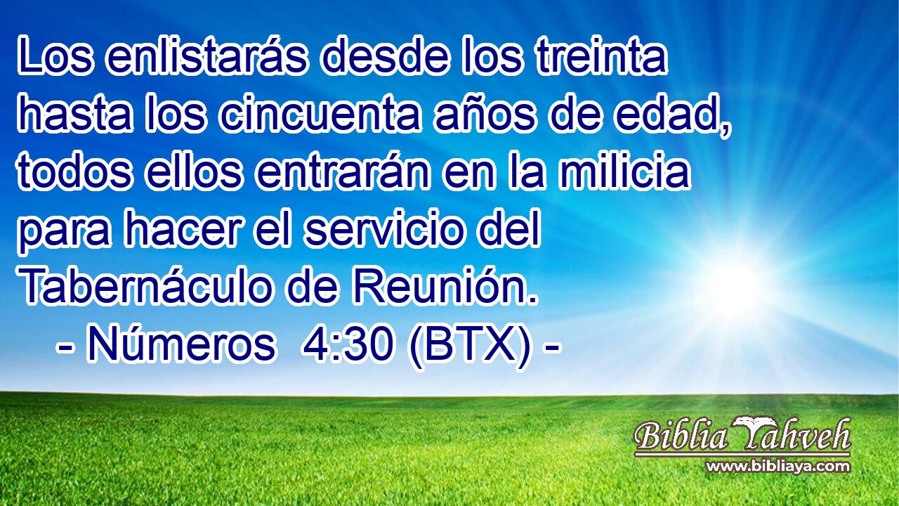 Los enlistarás desde los treinta hasta los cincuenta años de edad, todos ellos entrarán en la milicia para hacer el servicio del Tabernáculo de Reunión.