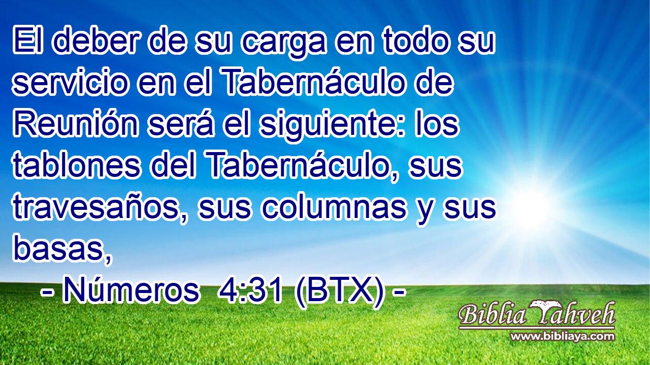 El deber de su carga en todo su servicio en el Tabernáculo de Reunión será el siguiente: los tablones del Tabernáculo, sus travesaños, sus columnas y sus basas,