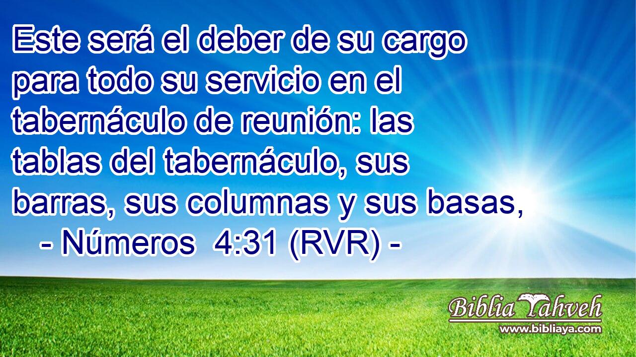 Este será el deber de su cargo para todo su servicio en el tabernáculo de reunión: las tablas del tabernáculo, sus barras, sus columnas y sus basas,