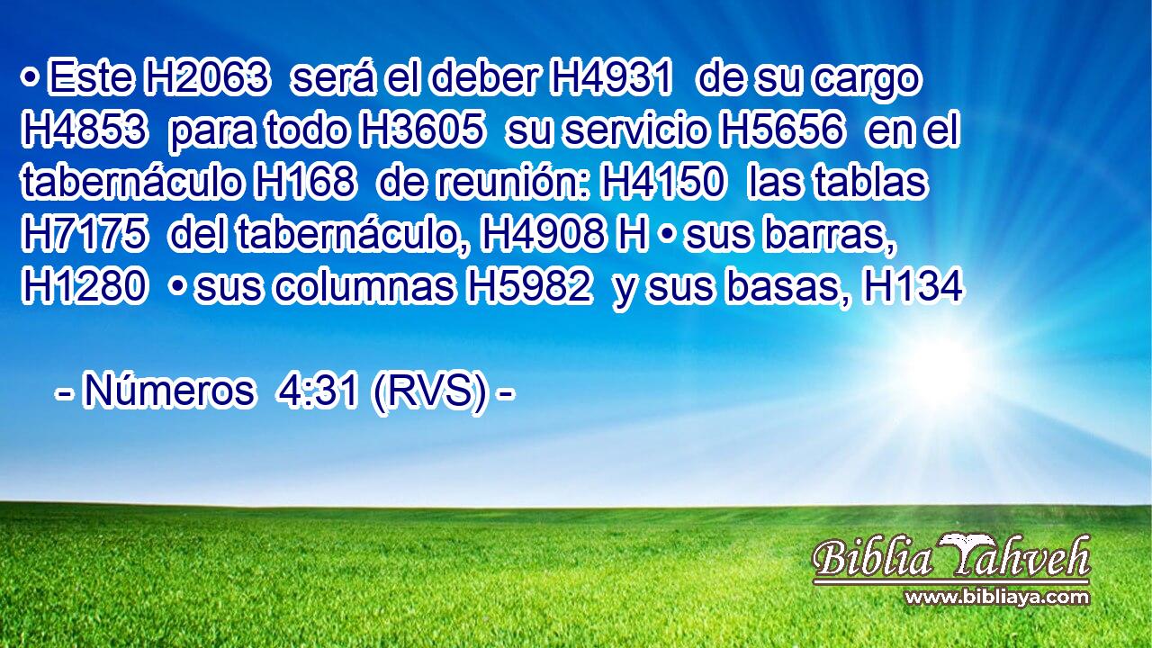 • Este H2063  será el deber H4931  de su cargo H4853  para todo H3605  su servicio H5656  en el tabernáculo H168  de reunión: H4150  las tablas H7175  del tabernáculo, H4908 H • sus barras, H1280  • sus columnas H5982  y sus basas, H134  