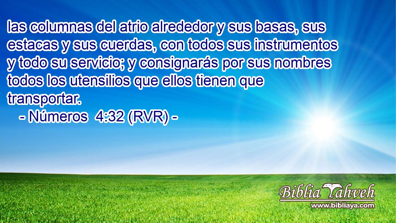 las columnas del atrio alrededor y sus basas, sus estacas y sus cuerdas, con todos sus instrumentos y todo su servicio; y consignarás por sus nombres todos los utensilios que ellos tienen que transportar.