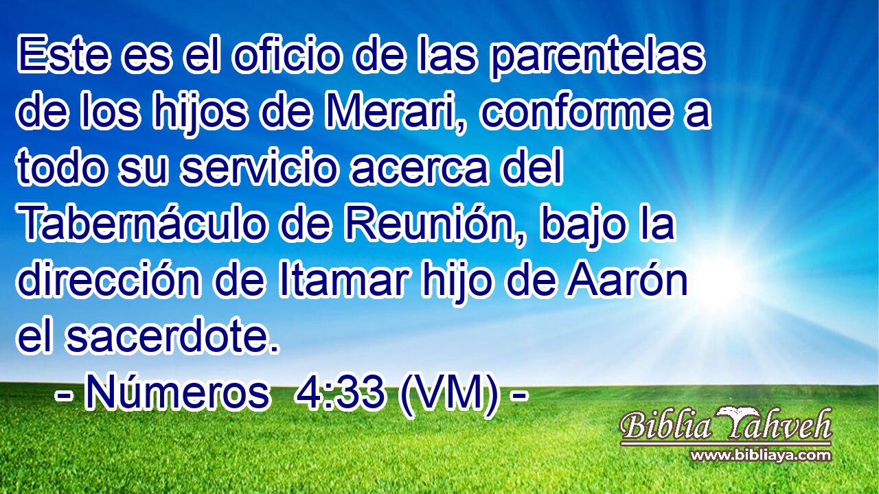  Este es el oficio de las parentelas de los hijos de Merari, conforme a todo su servicio acerca del Tabernáculo de Reunión, bajo la dirección de Itamar hijo de Aarón el sacerdote. 