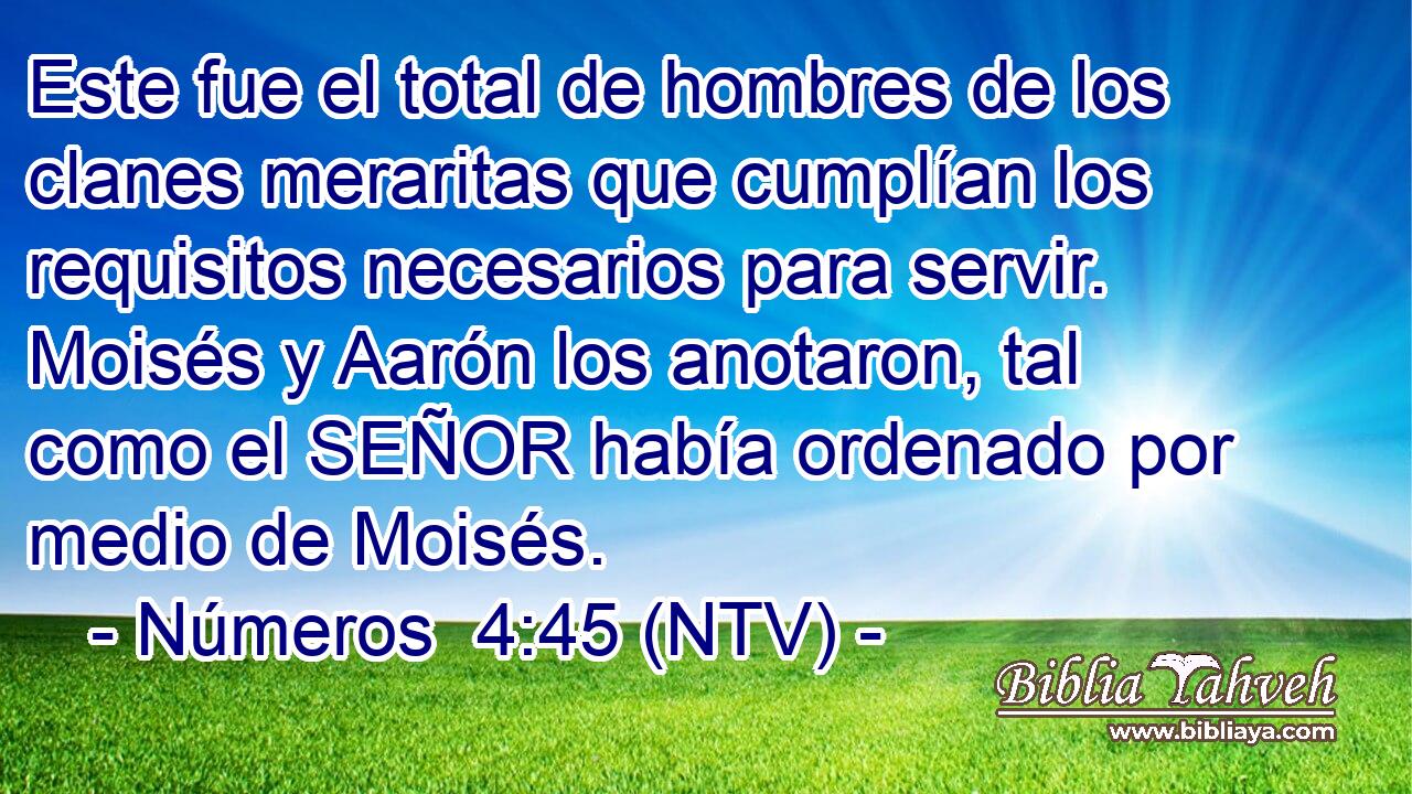 Este fue el total de hombres de los clanes meraritas que cumplían los requisitos necesarios para servir. Moisés y Aarón los anotaron, tal como el SEÑOR había ordenado por medio de Moisés.