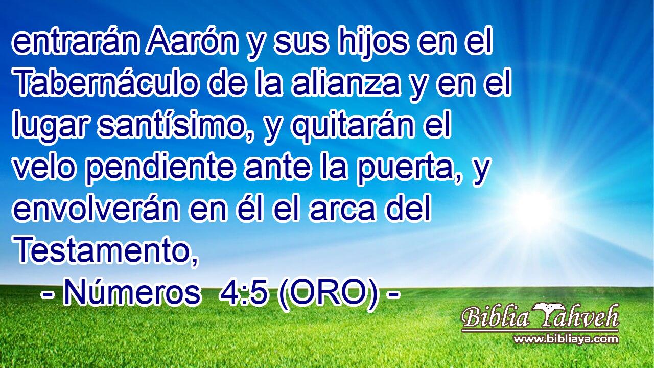  entrarán Aarón y sus hijos en el Tabernáculo de la alianza y en el lugar santísimo, y quitarán el velo pendiente ante la puerta, y envolverán en él el arca del Testamento, 