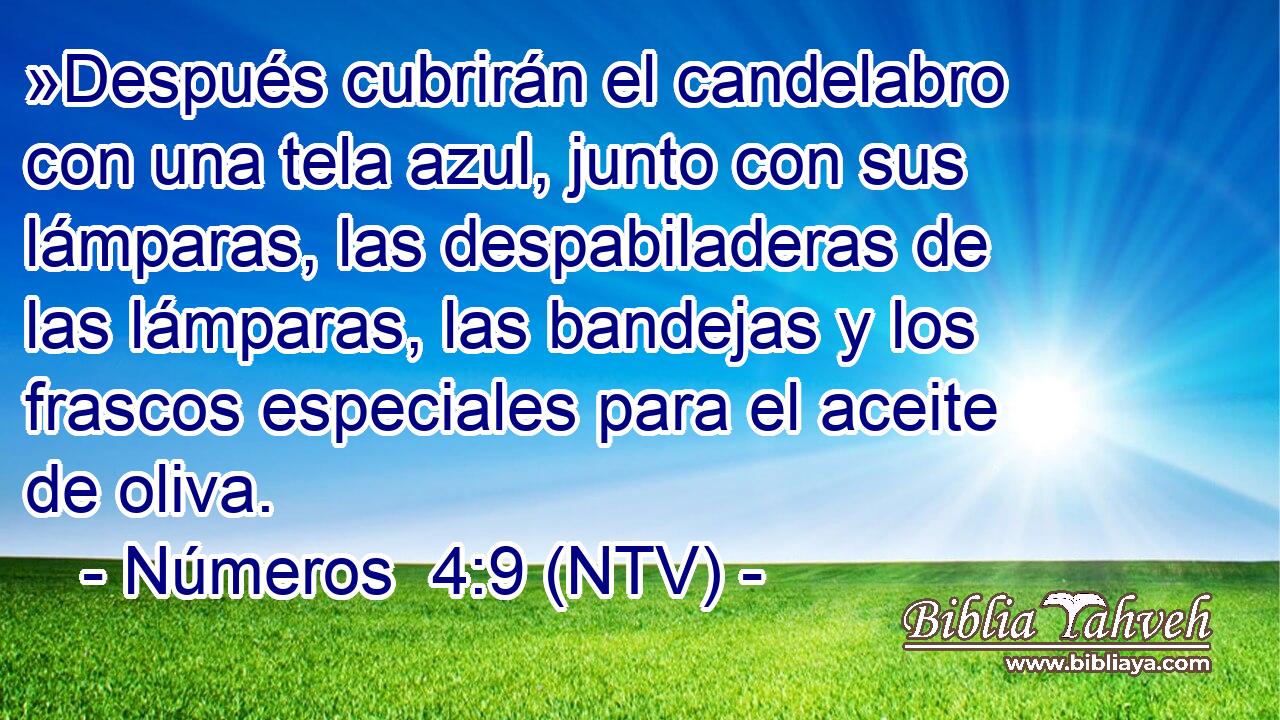 »Después cubrirán el candelabro con una tela azul, junto con sus lámparas, las despabiladeras de las lámparas, las bandejas y los frascos especiales para el aceite de oliva.