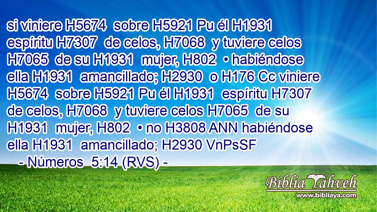 si viniere H5674  sobre H5921 Pu él H1931  espíritu H7307  de celos, H7068  y tuviere celos H7065  de su H1931  mujer, H802  • habiéndose ella H1931  amancillado; H2930  o H176 Cc viniere H5674  sobre H5921 Pu él H1931  espíritu H7307  de celos, H7068  y tuviere celos H7065  de su H1931  mujer, H802  • no H3808 ANN habiéndose ella H1931  amancillado; H2930 VnPsSF