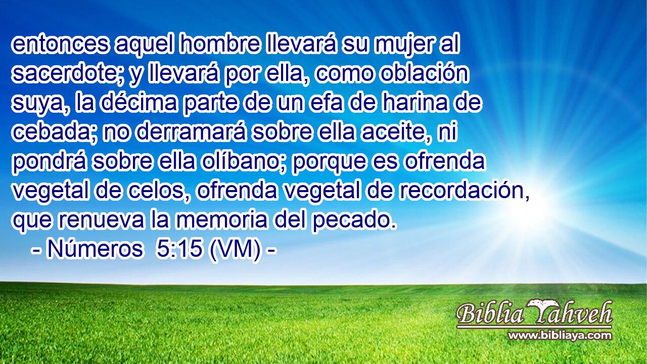  entonces aquel hombre llevará su mujer al sacerdote; y llevará por ella, como oblación suya, la décima parte de un efa de harina de cebada; no derramará sobre ella aceite, ni pondrá sobre ella olíbano; porque es ofrenda vegetal de celos, ofrenda vegetal de recordación, que renueva la memoria del pecado. 