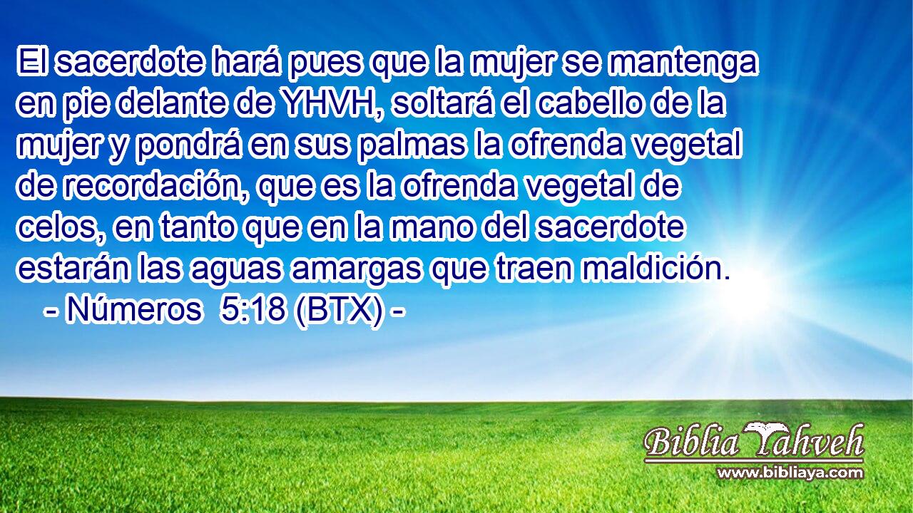 El sacerdote hará pues que la mujer se mantenga en pie delante de YHVH, soltará el cabello de la mujer y pondrá en sus palmas la ofrenda vegetal de recordación, que es la ofrenda vegetal de celos, en tanto que en la mano del sacerdote estarán las aguas amargas que traen maldición.